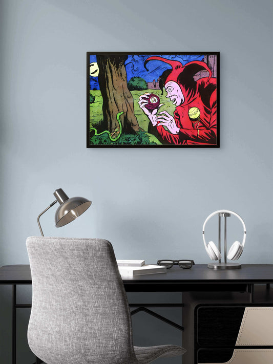 Horror Comic Book Premium Giclée Pop Art Print | A4 A3 Wall Decor | Retro Artwork | "Devious Jester with Ruby and Snake" | Unframed