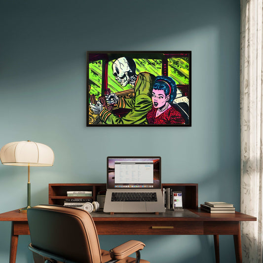 Skeleton Driving Girl Vintage Horror Comic Pop Art Wall Decor | Premium Giclée Art Print | 1950s Comic Book | Unframed