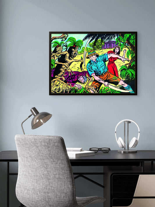 Vintage Adventure Comic Pop Art Wall Decor | Premium Giclée Art Print | 1950s Comic Book | Slicing and Dicing Through the Jungle Monsters | Unframed