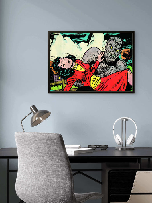 Werewolf Kidnapping Woman Vintage Horror Comic Pop Art Wall Decor | Premium Giclée Art Print | 1950s Comic Book | Unframed