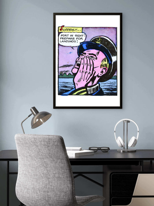 Shouting Sailor Vintage Pop Art Wall Decor | Premium Giclée Art Print | 1950s Comic Book | "Port in Sight! Prepare for Landing!" | Unframed