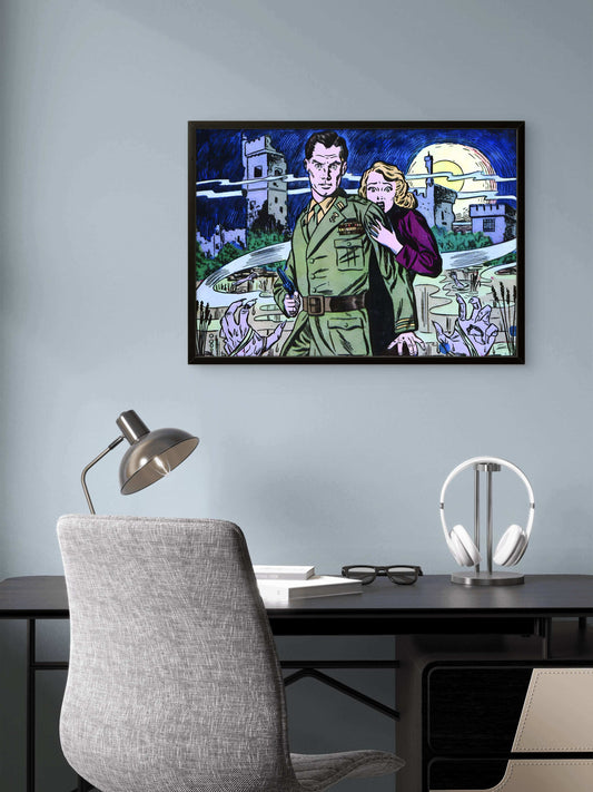 Vintage Horror Comic Pop Art Wall Decor | Premium Giclée Art Print | 1950s Comic Book | "Get Behind Me" Soldier Spy Protecting Woman | Unframed