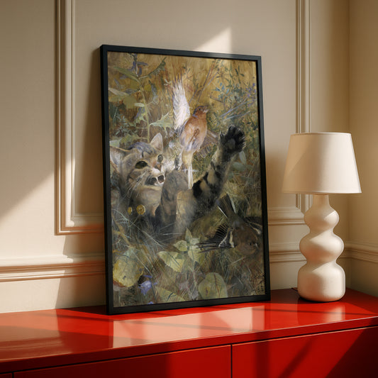 Cat and Chaffinch | Bruno Liljefors | Fine Art Cat Print | Cat Lover Gift | Wall Art