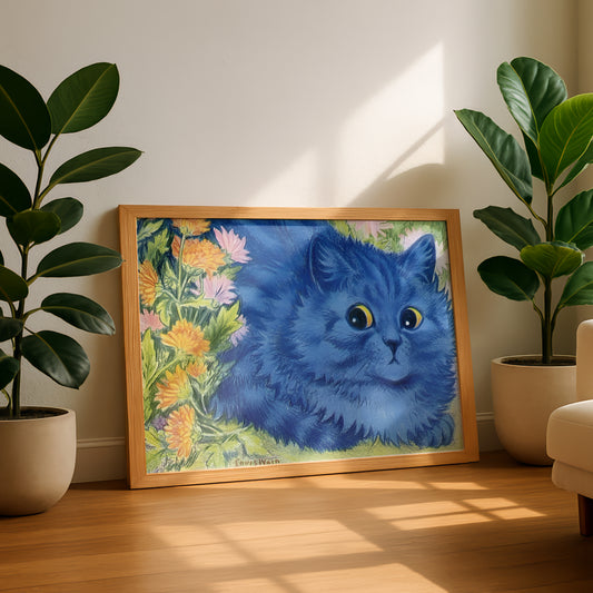 Blue Cat and Marigolds | Louis Wain | Fine Art Cat Print | Cat Lover Gift | Wall Art