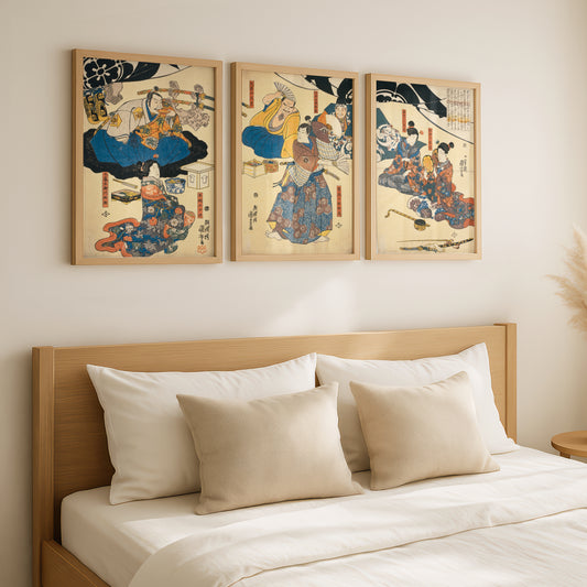 Utagawa Kuniyoshi Japanese Woodblock Art Triptych (3 Prints) | Sukenari Dancing | Wall Art