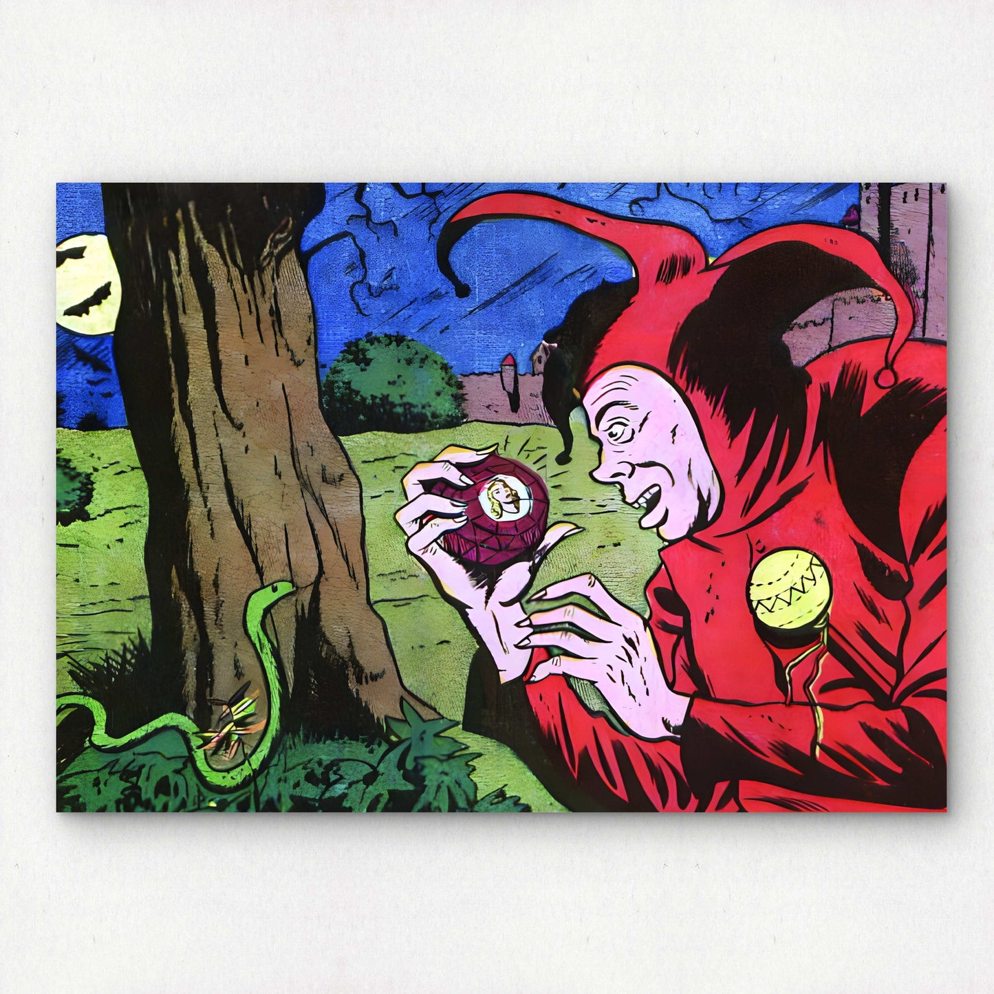 Horror Comic Book Premium Giclée Pop Art Print | A4 A3 Wall Decor | Retro Artwork | "Devious Jester with Ruby and Snake" | Unframed