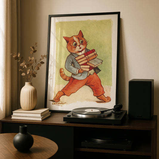 Louis Wain: Cat Carrying Books | Giclée Fine Art Print | Library Art | Reading Nook Poster