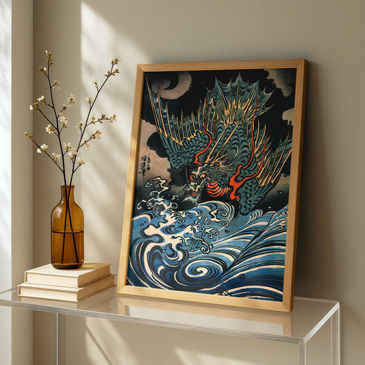 Dragon Flying Above Turbulent Waves (1831) by Utagawa Kuniyoshi | Premium Art Print