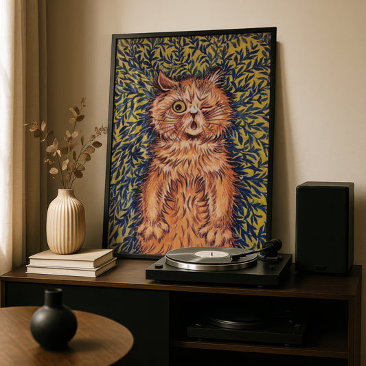 Louis Wain: Winking Ginger Cat in Leaves | Fine Art Giclée Print | Playful Poster