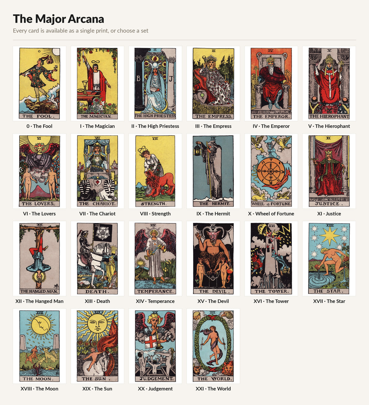 The 22 Major Arcana — 0 The Fool to XXI The World
