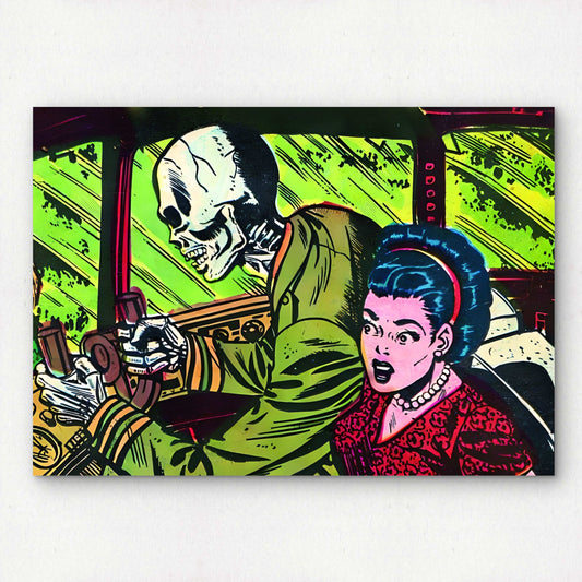 Skeleton Driving Girl Vintage Horror Comic Pop Art Wall Decor | Premium Giclée Art Print | 1950s Comic Book | Unframed
