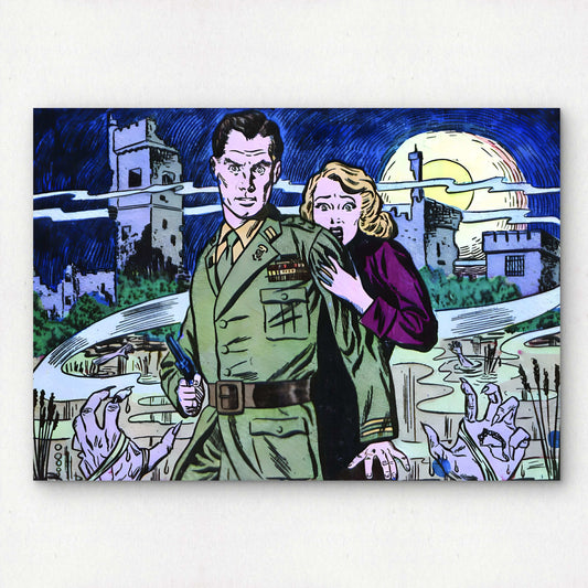 Vintage Horror Comic Pop Art Wall Decor | Premium Giclée Art Print | 1950s Comic Book | "Get Behind Me" Soldier Spy Protecting Woman | Unframed