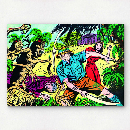 Vintage Adventure Comic Pop Art Wall Decor | Premium Giclée Art Print | 1950s Comic Book | Slicing and Dicing Through the Jungle Monsters | Unframed