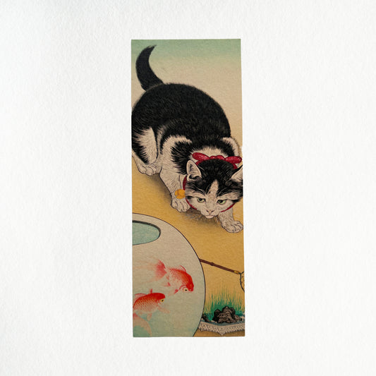 Cat and Goldfish Bookmark | Ohara Koson | Japanese Woodblock Bookmark | Book Lover Gift