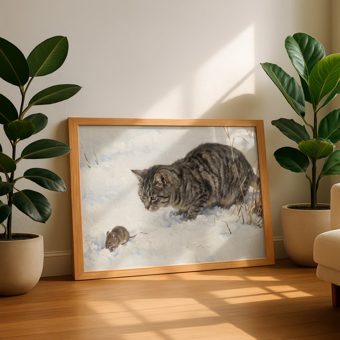 Cat Stalking a Mouse in the Snow (Detail) | Bruno Liljefors | Fine Art Cat Print | Cat Lover Gift | Wall Art