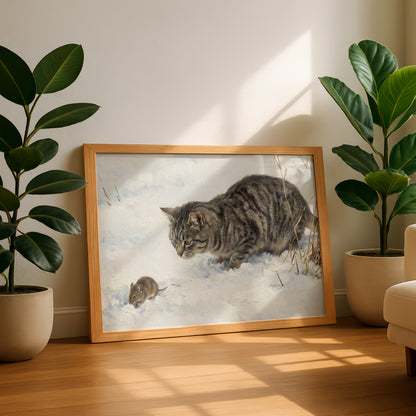 Cat Stalking a Mouse in the Snow (Detail) | Bruno Liljefors | Fine Art Cat Print | Cat Lover Gift | Wall Art