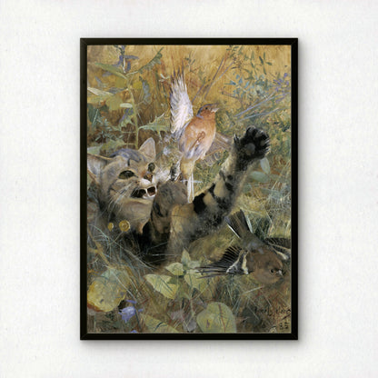 Cat and Chaffinch | Bruno Liljefors | Fine Art Cat Print | Cat Lover Gift | Wall Art