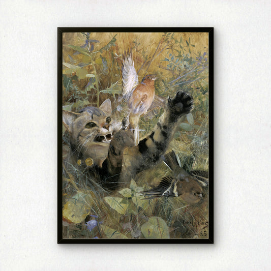 Cat and Chaffinch | Bruno Liljefors | Fine Art Cat Print | Cat Lover Gift | Wall Art