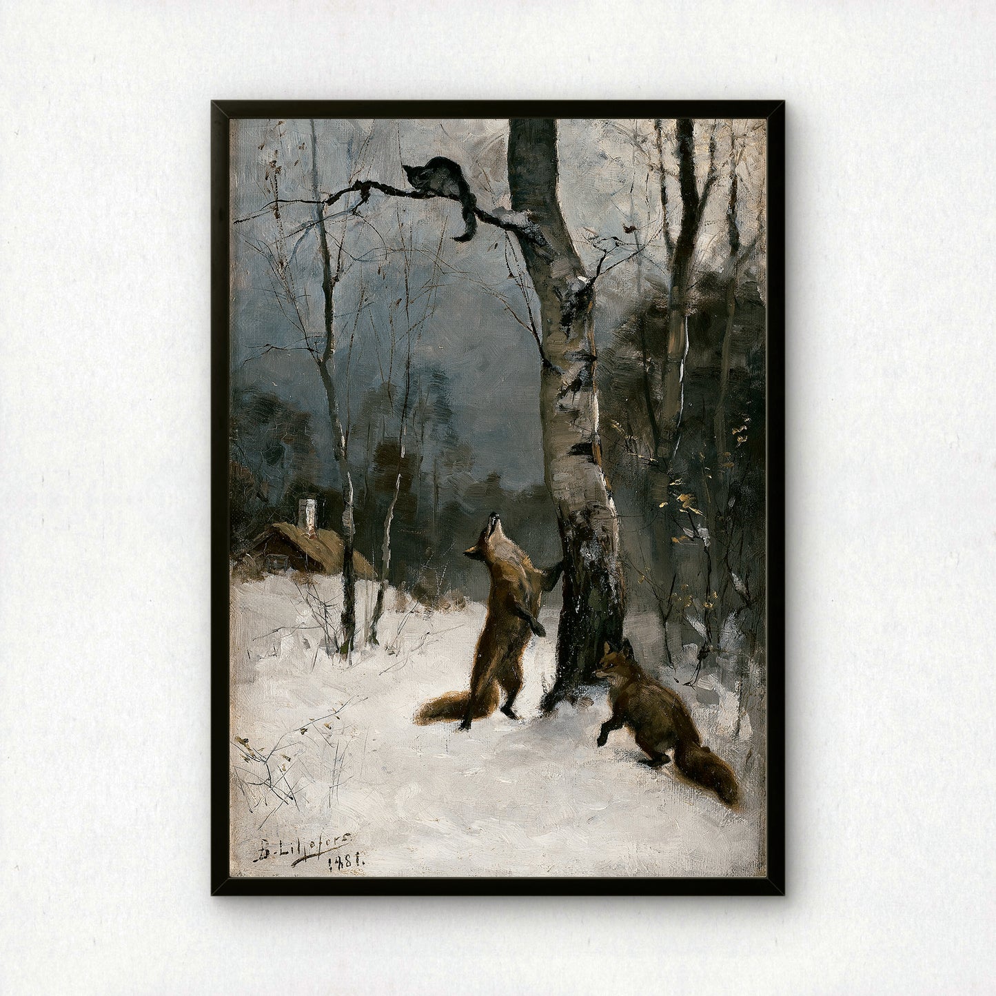 Foxes and Cat, Winter Landscape | Bruno Liljefors | Fine Art Cat Print | Cat Lover Gift | Wall Art