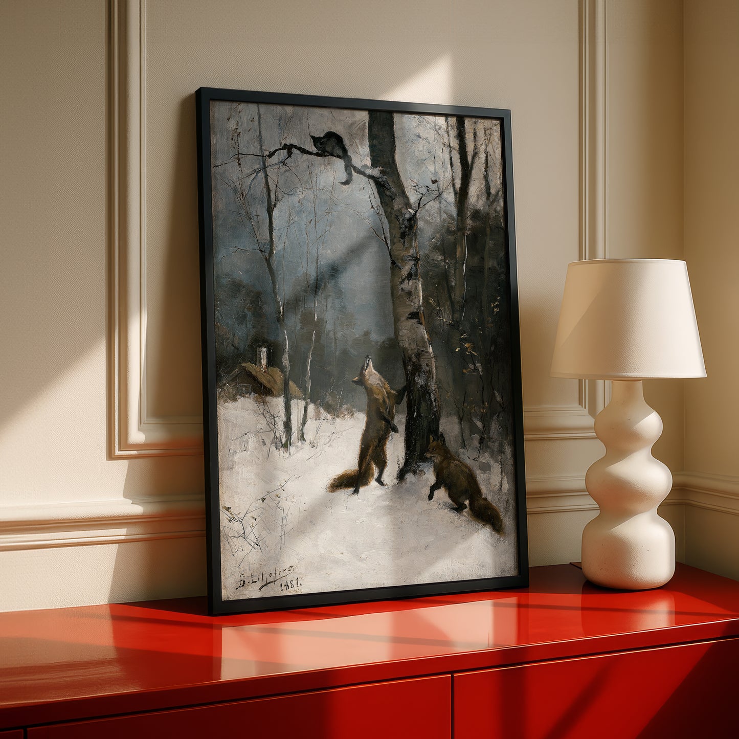 Foxes and Cat, Winter Landscape | Bruno Liljefors | Fine Art Cat Print | Cat Lover Gift | Wall Art