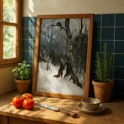 Foxes and Cat, Winter Landscape | Bruno Liljefors | Fine Art Cat Print | Cat Lover Gift | Wall Art
