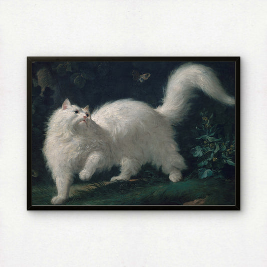White Angora Cat Chasing a Butterfly | Jean-Jacques Bachelier | Fine Art Cat Print | Cat Lover Gift | Wall Art