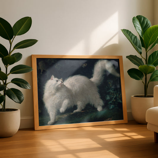 White Angora Cat Chasing a Butterfly | Jean-Jacques Bachelier | Fine Art Cat Print | Cat Lover Gift | Wall Art