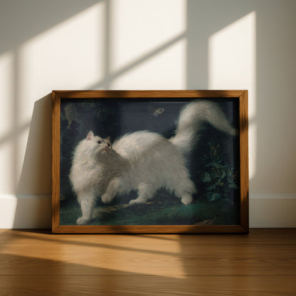 White Angora Cat Chasing a Butterfly | Jean-Jacques Bachelier | Fine Art Cat Print | Cat Lover Gift | Wall Art