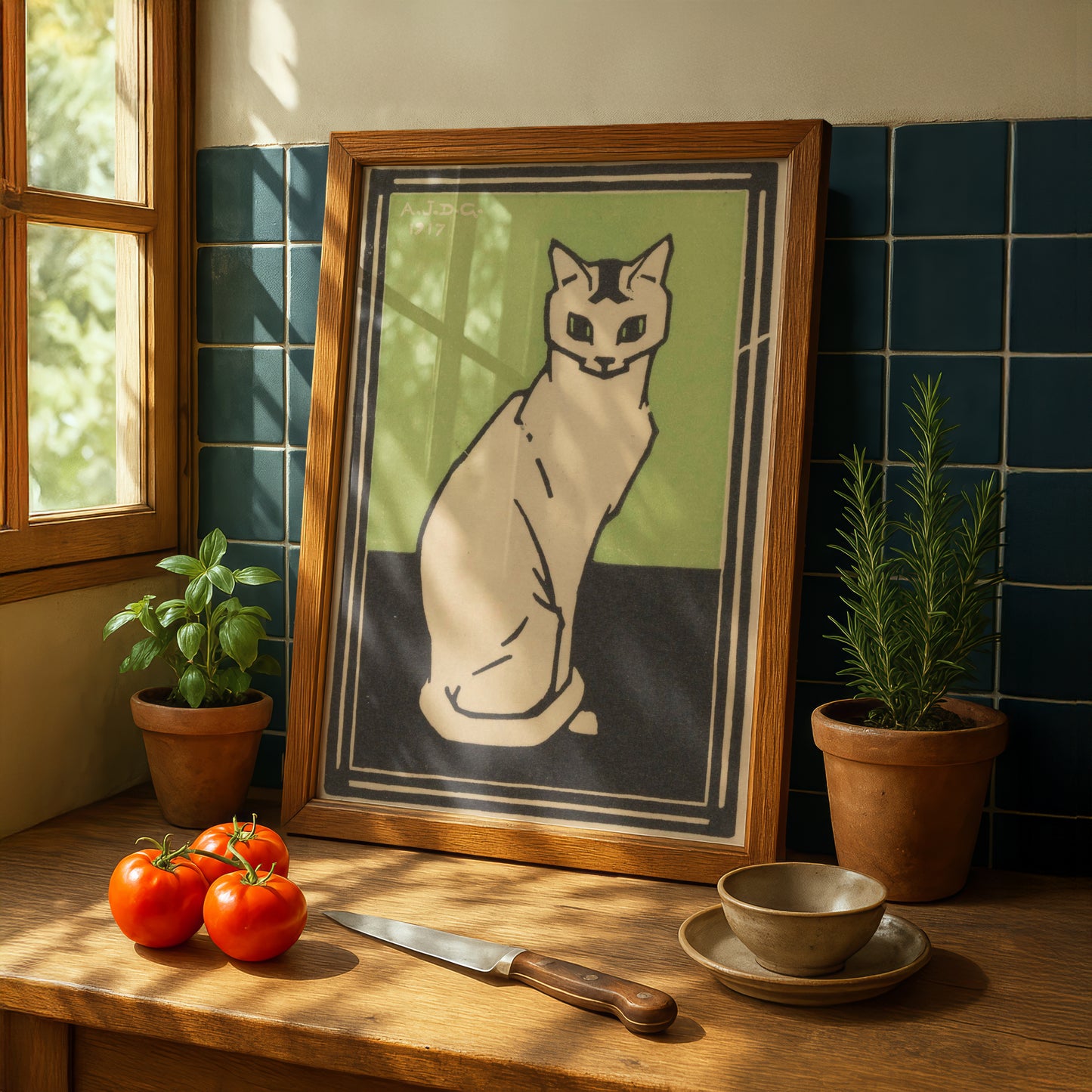 Sitting Cat (Green) | Julie de Graag | Fine Art Cat Print | Cat Lover Gift | Wall Art