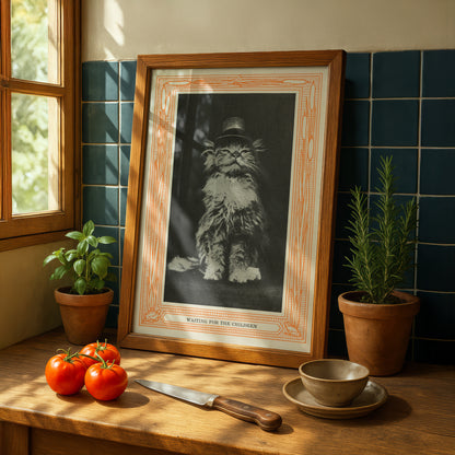 Funny Victorian Cat Art Print | 'Waiting for the Children' | Vintage Cat Meme Wall Art | Cat Lover Gift