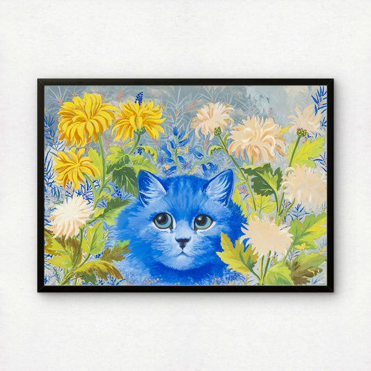 Blue Cat Among the Flowers | Louis Wain | Fine Art Cat Print | Cat Lover Gift | Wall Art