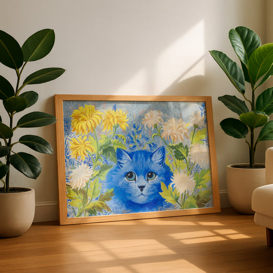 Blue Cat Among the Flowers | Louis Wain | Fine Art Cat Print | Cat Lover Gift | Wall Art