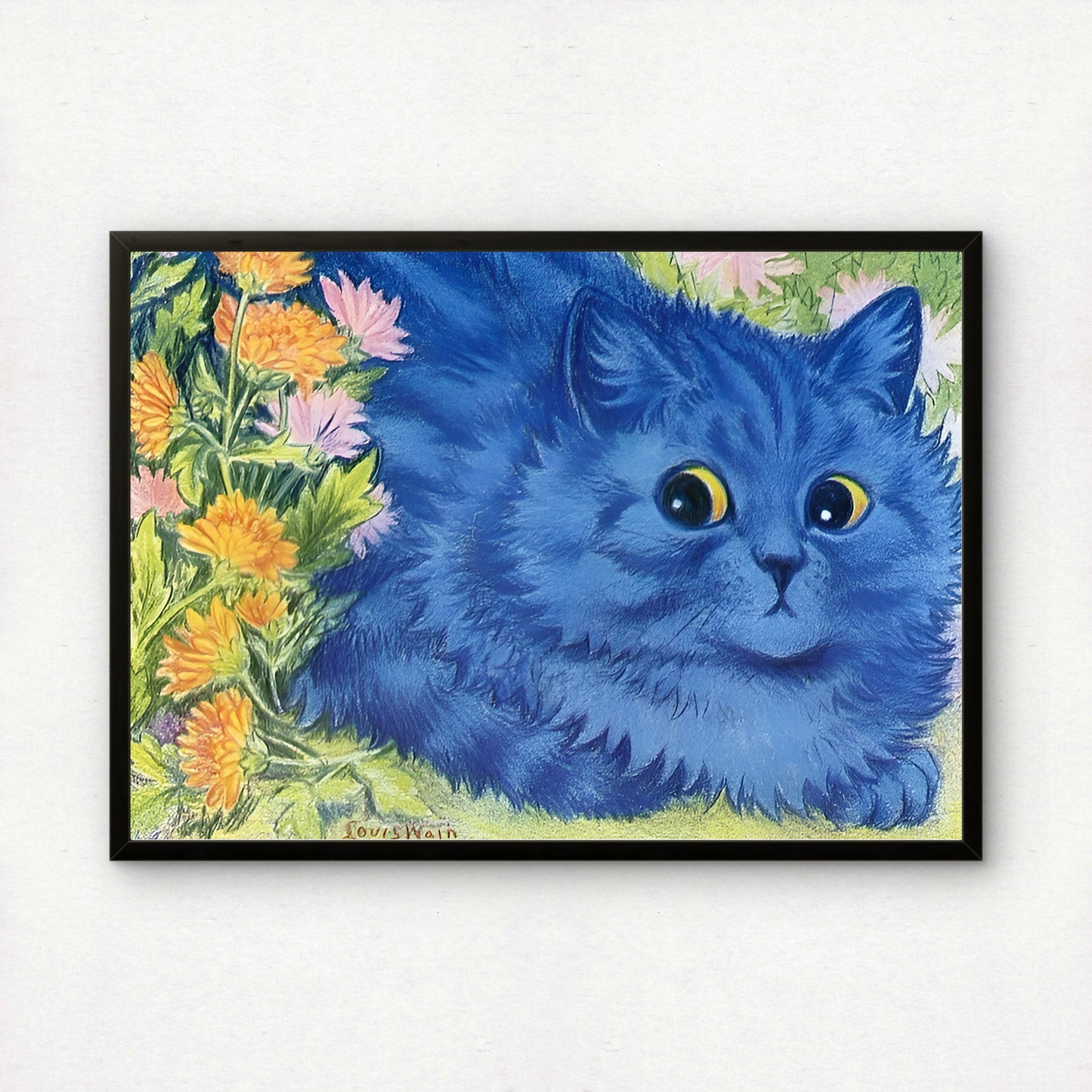 Blue Cat and Marigolds | Louis Wain | Fine Art Cat Print | Cat Lover Gift | Wall Art