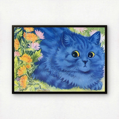 Blue Cat and Marigolds | Louis Wain | Fine Art Cat Print | Cat Lover Gift | Wall Art