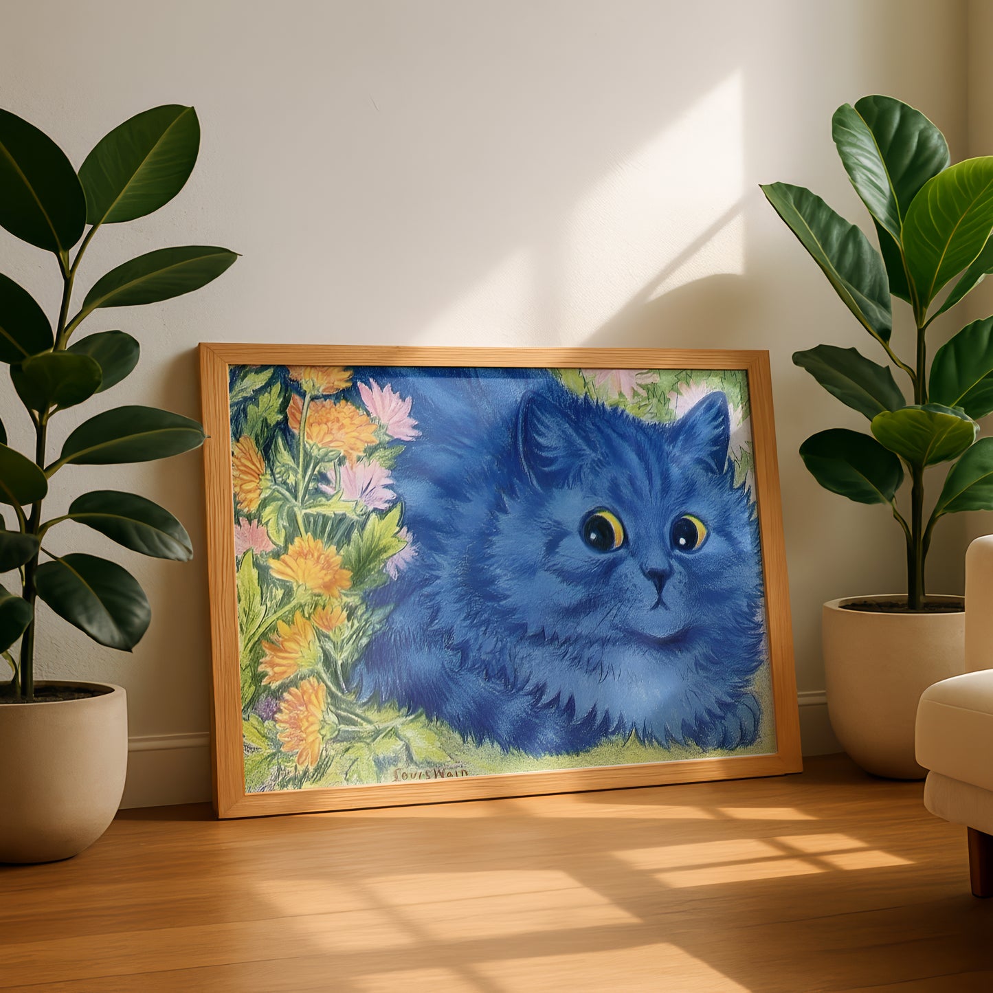Blue Cat and Marigolds | Louis Wain | Fine Art Cat Print | Cat Lover Gift | Wall Art