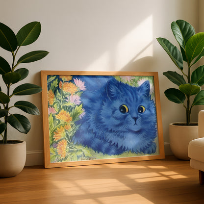 Blue Cat and Marigolds | Louis Wain | Fine Art Cat Print | Cat Lover Gift | Wall Art