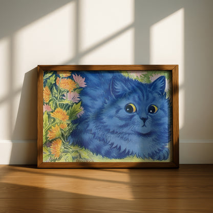 Blue Cat and Marigolds | Louis Wain | Fine Art Cat Print | Cat Lover Gift | Wall Art