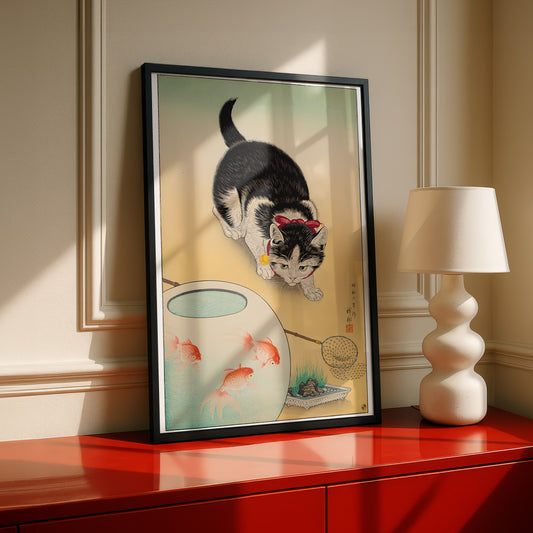 Cat and Goldfish Bowl | Ohara Koson | Fine Art Cat Print | Cat Lover Gift | Wall Art