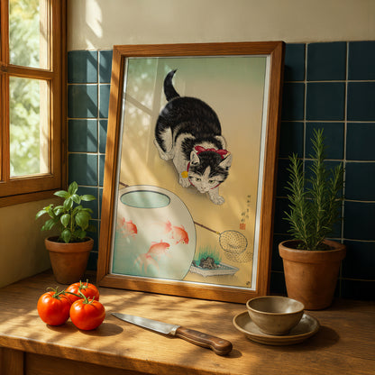 Cat and Goldfish Bowl | Ohara Koson | Fine Art Cat Print | Cat Lover Gift | Wall Art