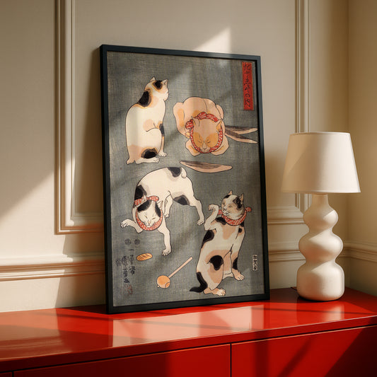 Four Cats in Different Poses | Utagawa Kuniyoshi | Fine Art Cat Print | Cat Lover Gift | Wall Art