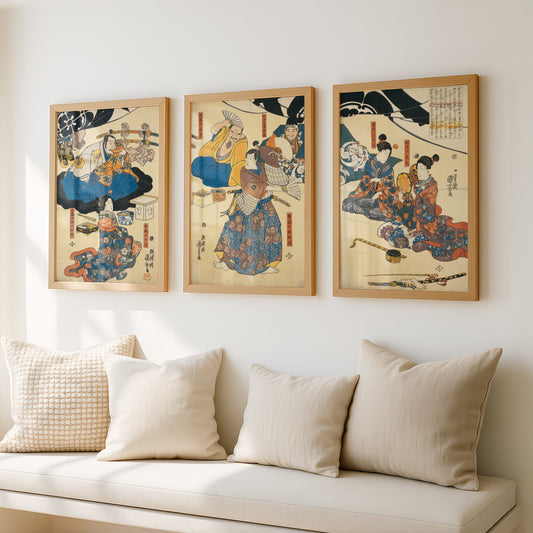 Utagawa Kuniyoshi Japanese Woodblock Art Triptych (3 Prints) | Sukenari Dancing | Wall Art