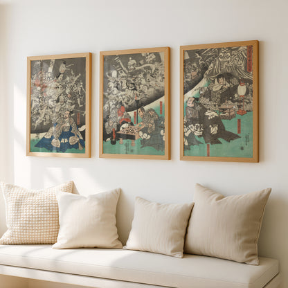 Utagawa Kuniyoshi Triptych (3 Prints) Japanese Woodblock Art | Earth Spider Demons | Wall Art