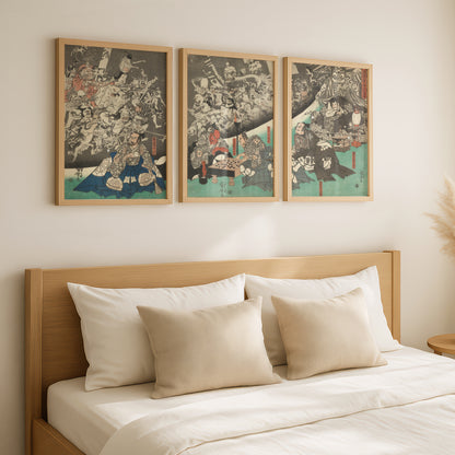 Utagawa Kuniyoshi Triptych (3 Prints) Japanese Woodblock Art | Earth Spider Demons | Wall Art