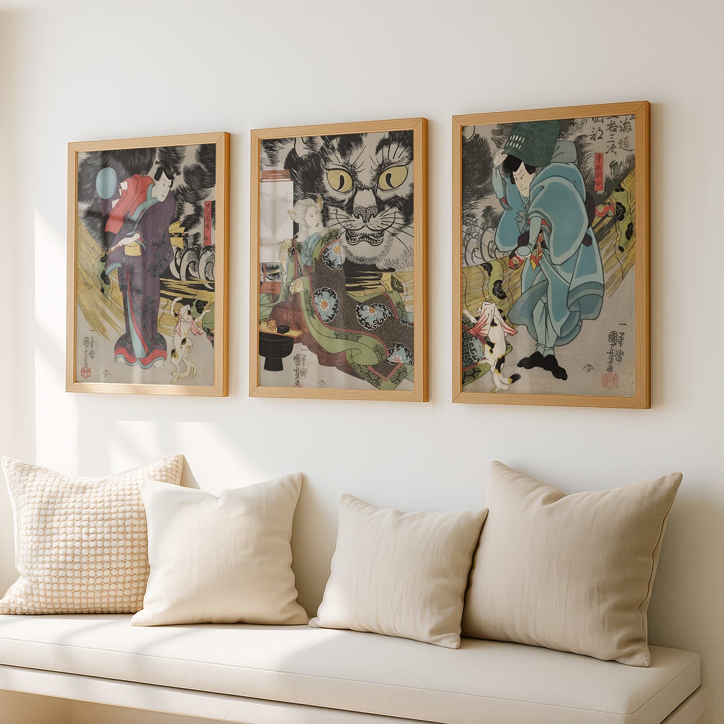 Utagawa Kuniyoshi Cat Stone Triptych (3 Prints) Japanese Woodblock Art | Wall Art