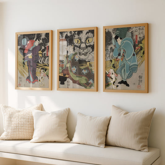 Utagawa Kuniyoshi Cat Stone Triptych (3 Prints) Japanese Woodblock Art | Wall Art
