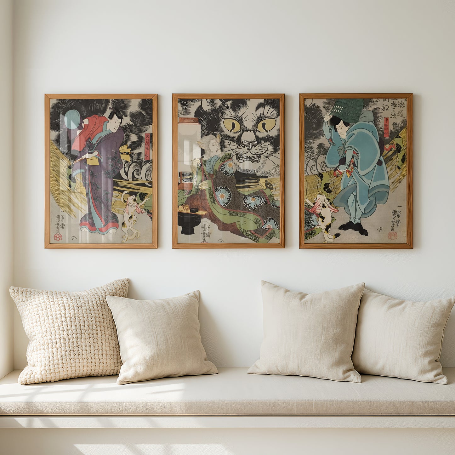 Utagawa Kuniyoshi Cat Stone Triptych (3 Prints) Japanese Woodblock Art | Wall Art