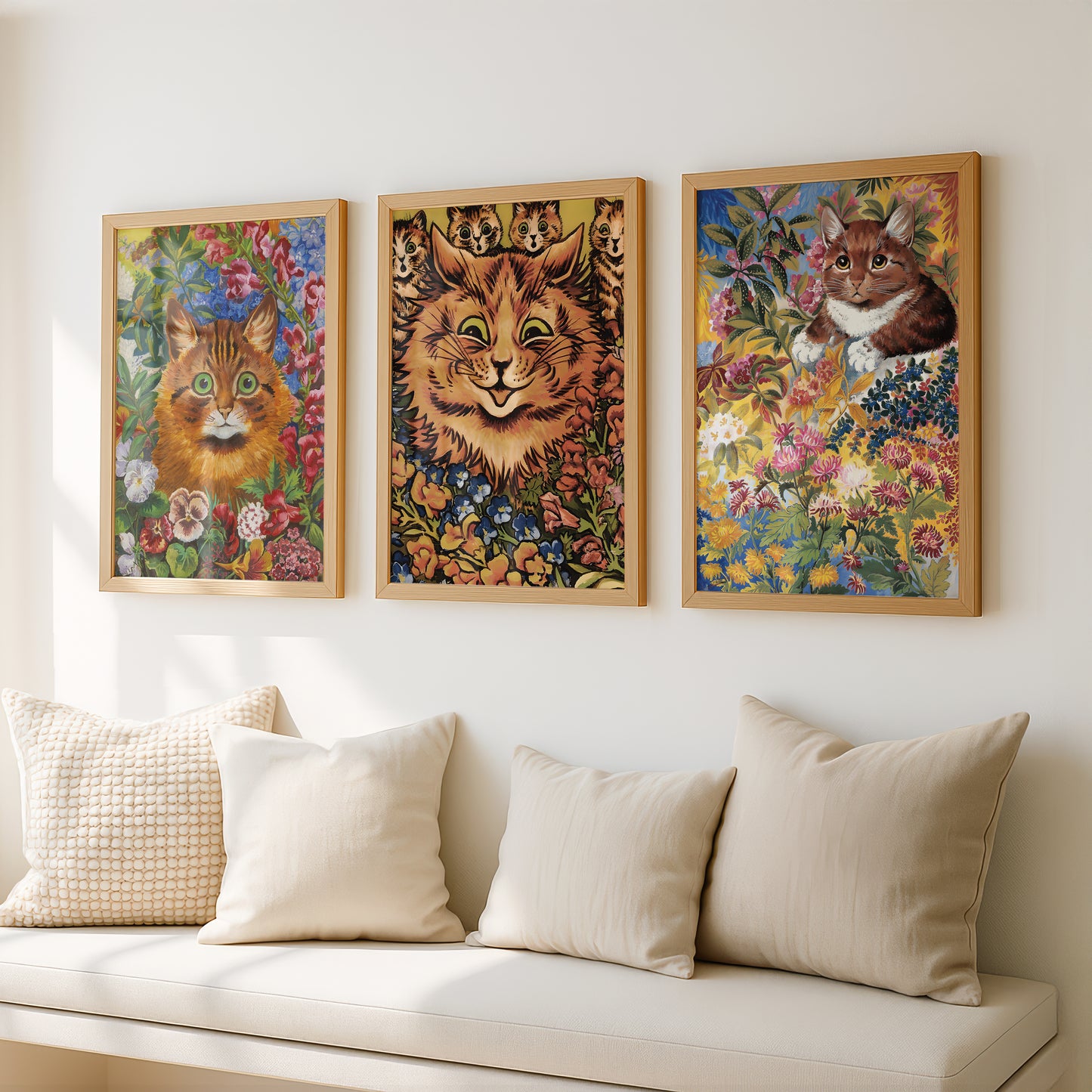 Louis Wain Cat Paintings Triptych (Set of 3 Art Prints) Vintage Cat Art | Flower Garden
