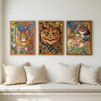 Louis Wain Cat Paintings Triptych (Set of 3 Art Prints) Vintage Cat Art | Flower Garden