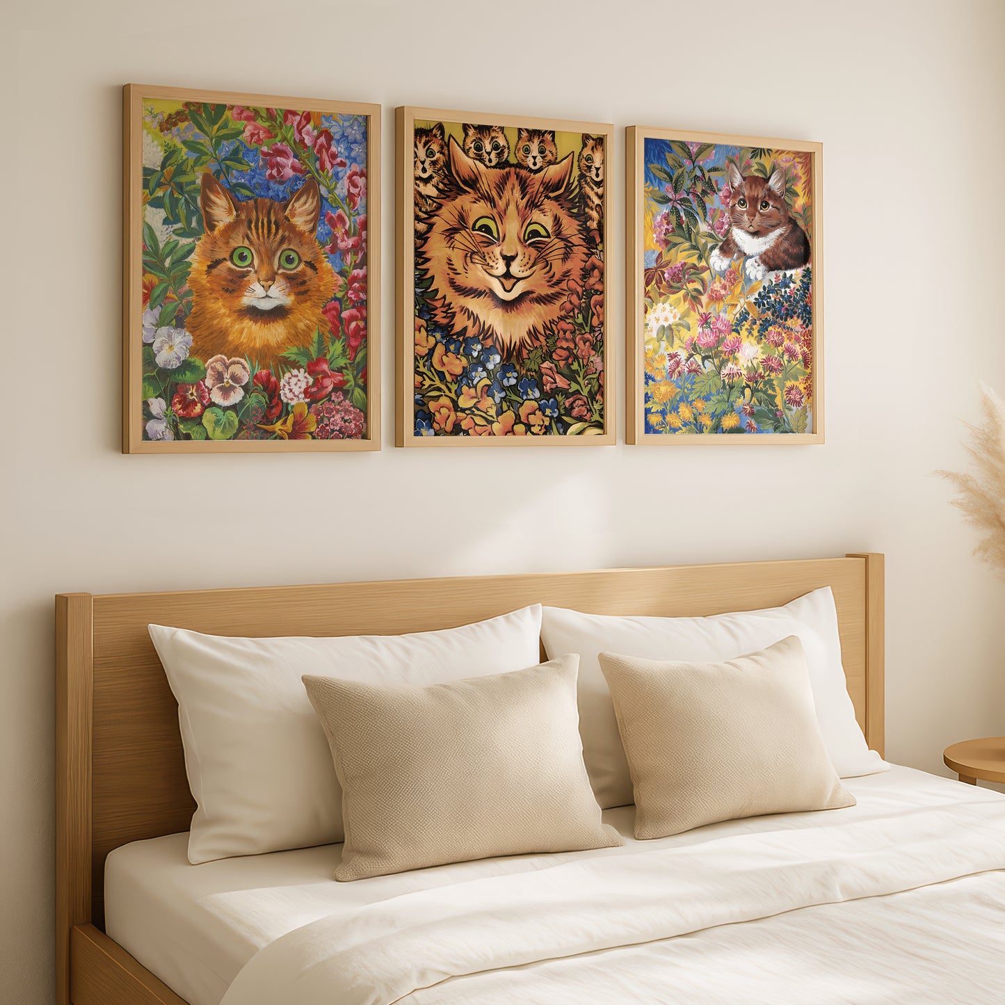 Louis Wain Cat Paintings Triptych (Set of 3 Art Prints) Vintage Cat Art | Flower Garden