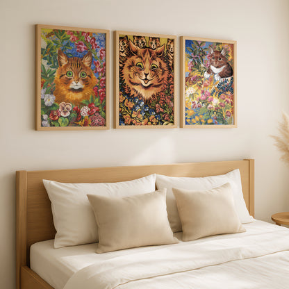 Louis Wain Cat Paintings Triptych (Set of 3 Art Prints) Vintage Cat Art | Flower Garden